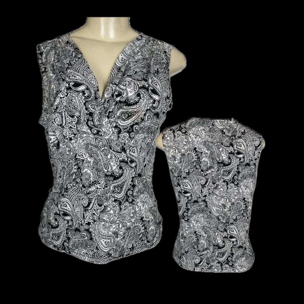Claudia Richard M Black white Paisley Surplice V-Neck Sleeveless Ruched Blouse